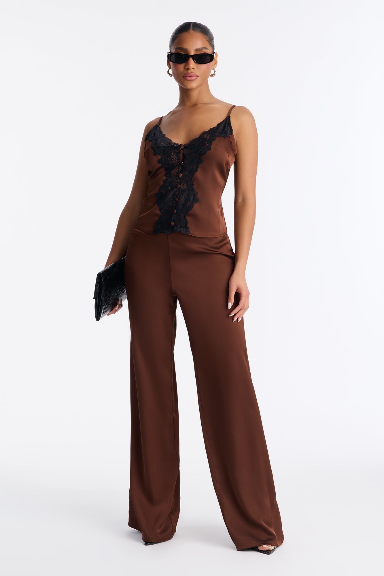 Desire Me Lace Trim Satin Pant Set - Brown