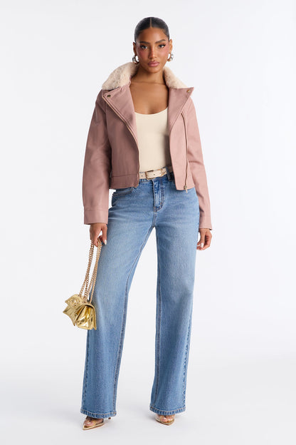 Karissa Faux Leather Fur Collar Moto Jacket - Blush