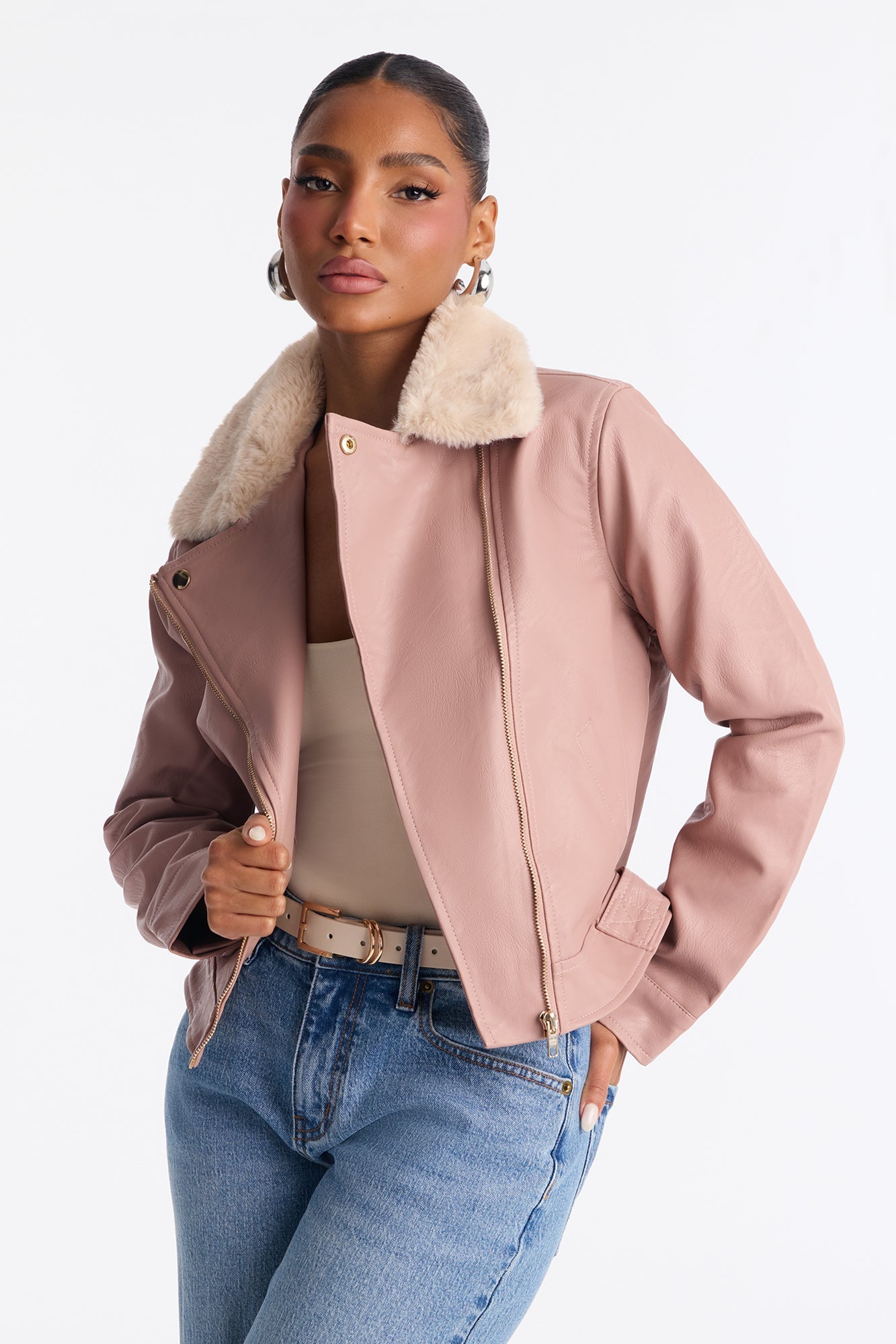 Karissa Faux Leather Fur Collar Moto Jacket - Blush
