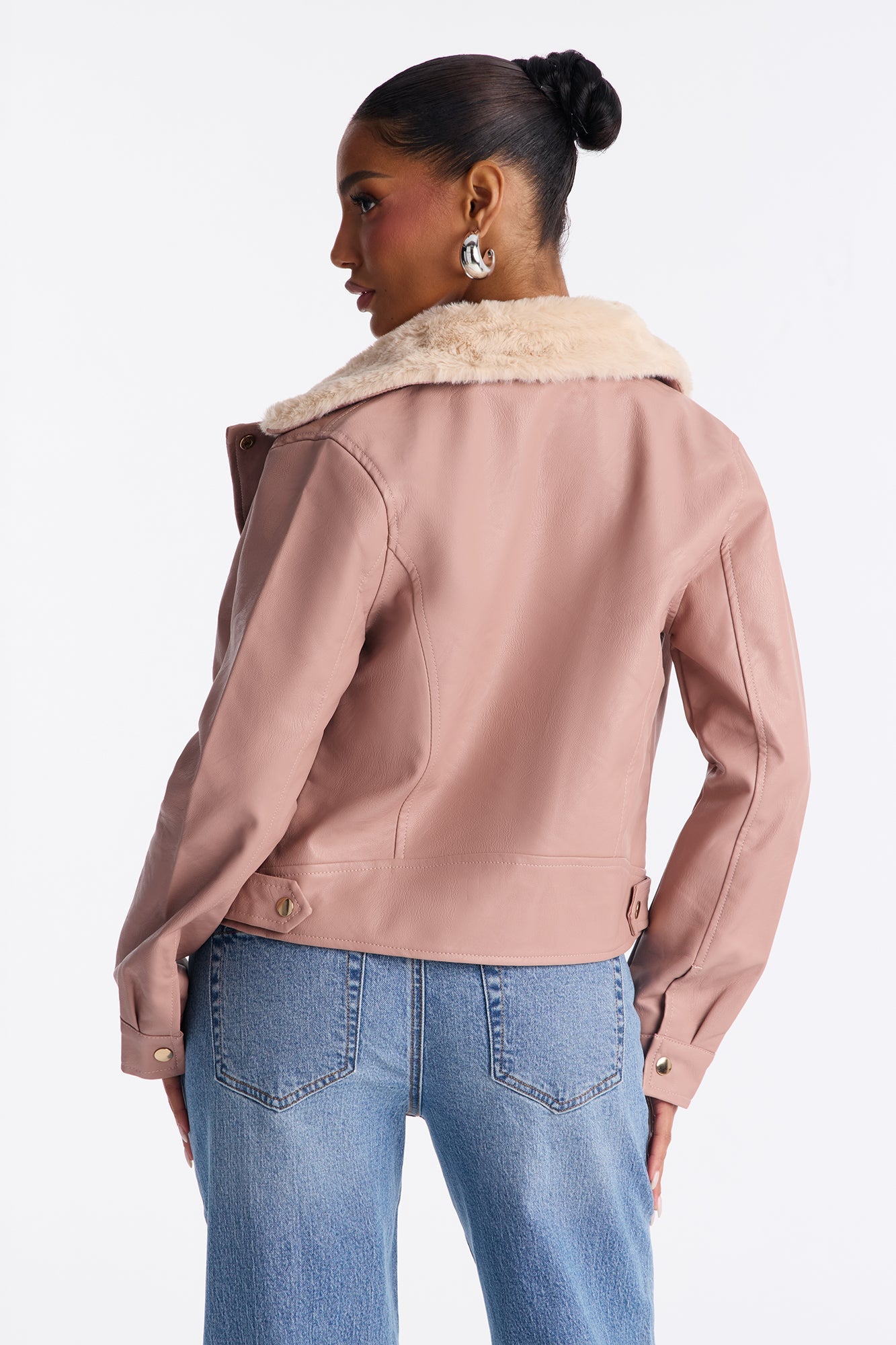 Karissa Faux Leather Fur Collar Moto Jacket - Blush