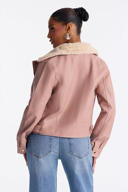 Karissa Faux Leather Fur Collar Moto Jacket - Blush