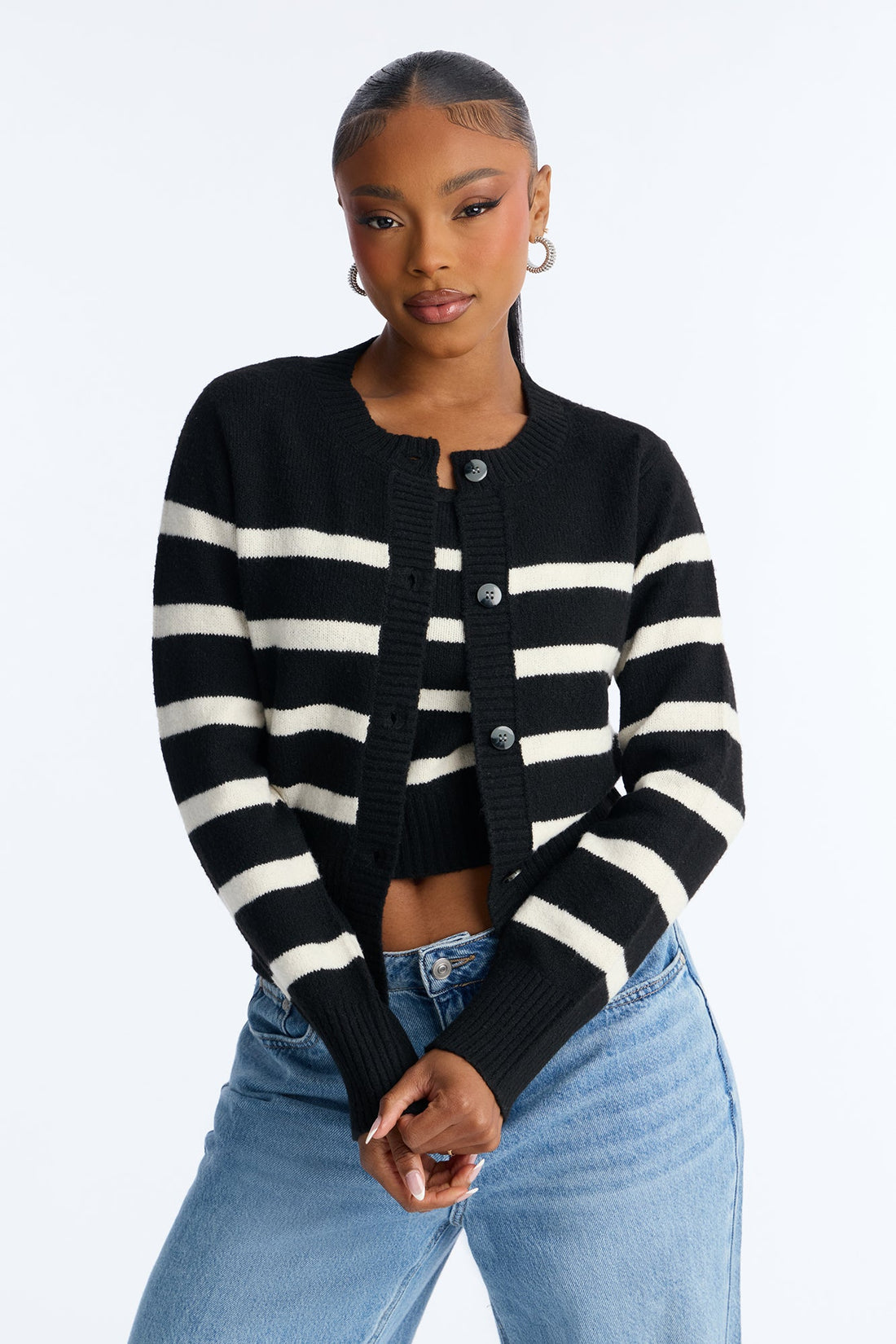 Malibu Striped 2 Piece Cardigan set - Black/combo
