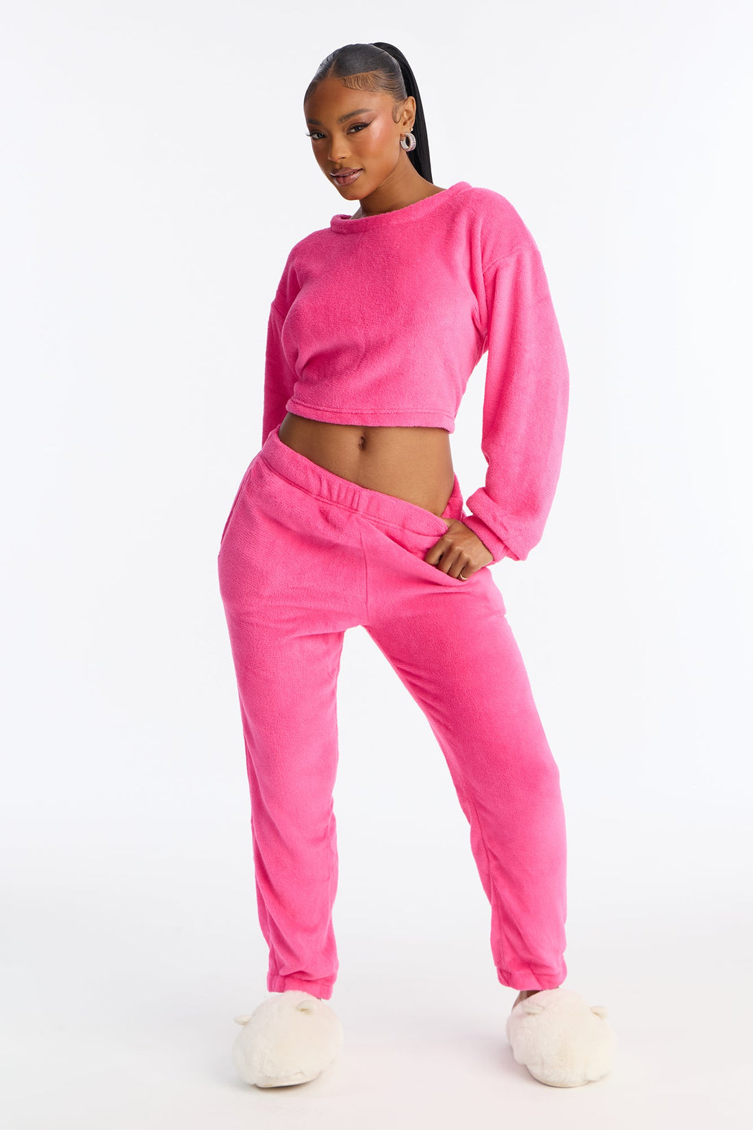 Keep You Cozy Plush Crew Neck PJ Jogger Set - Hot Pink