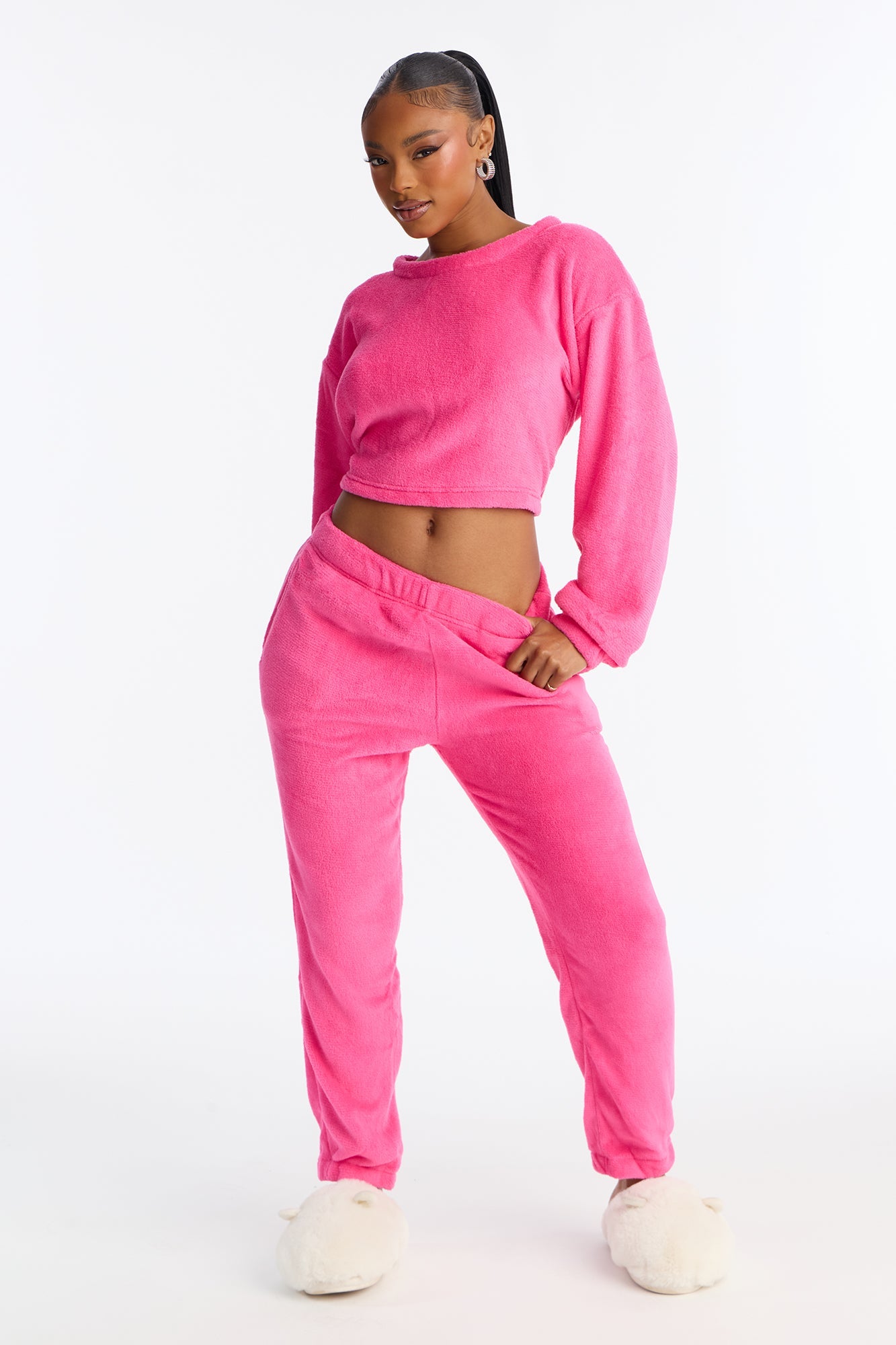 Keep You Cozy Plush Crew Neck PJ Jogger Set - Hot Pink