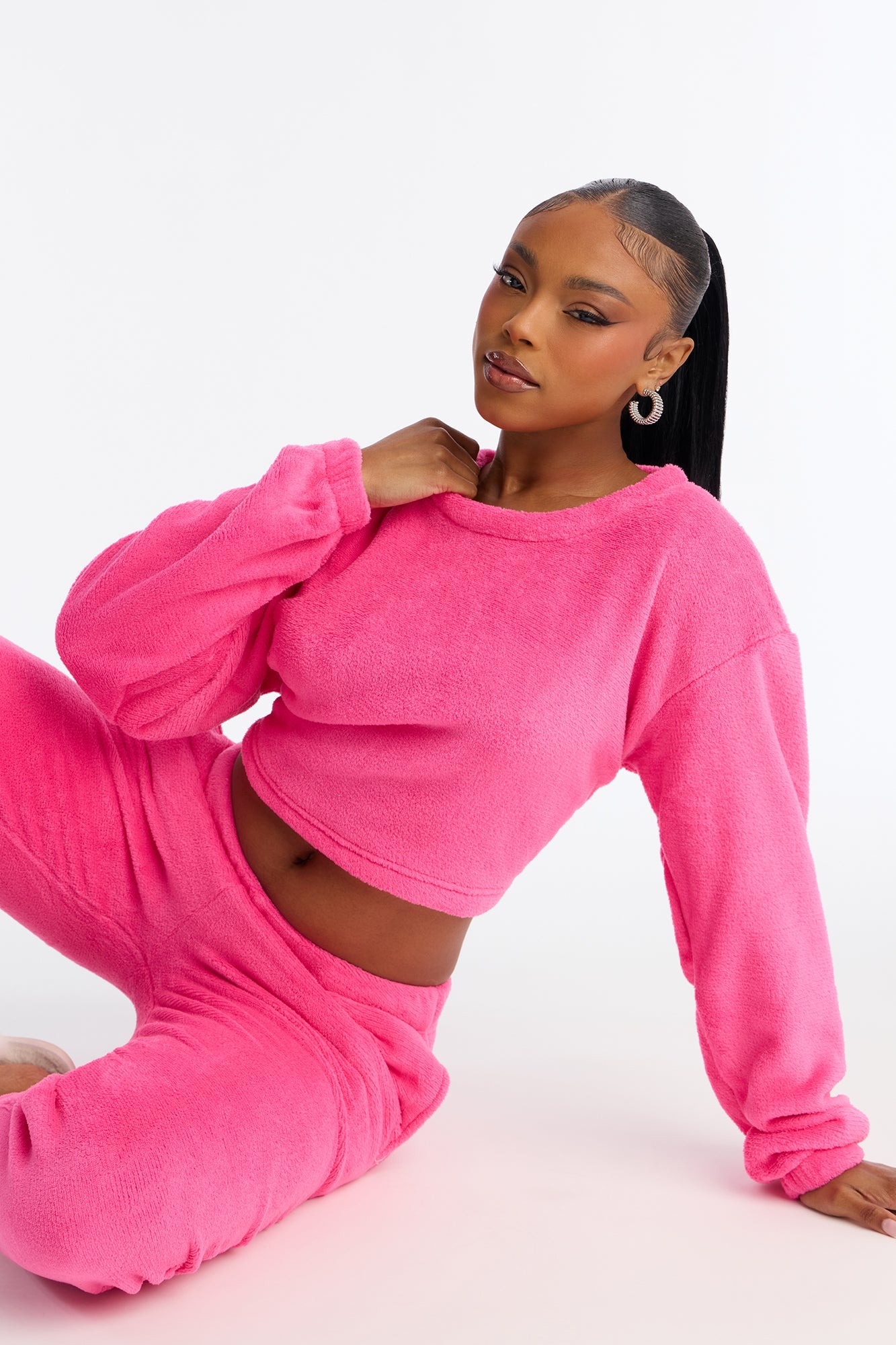 Keep You Cozy Plush Crew Neck PJ Jogger Set - Hot Pink
