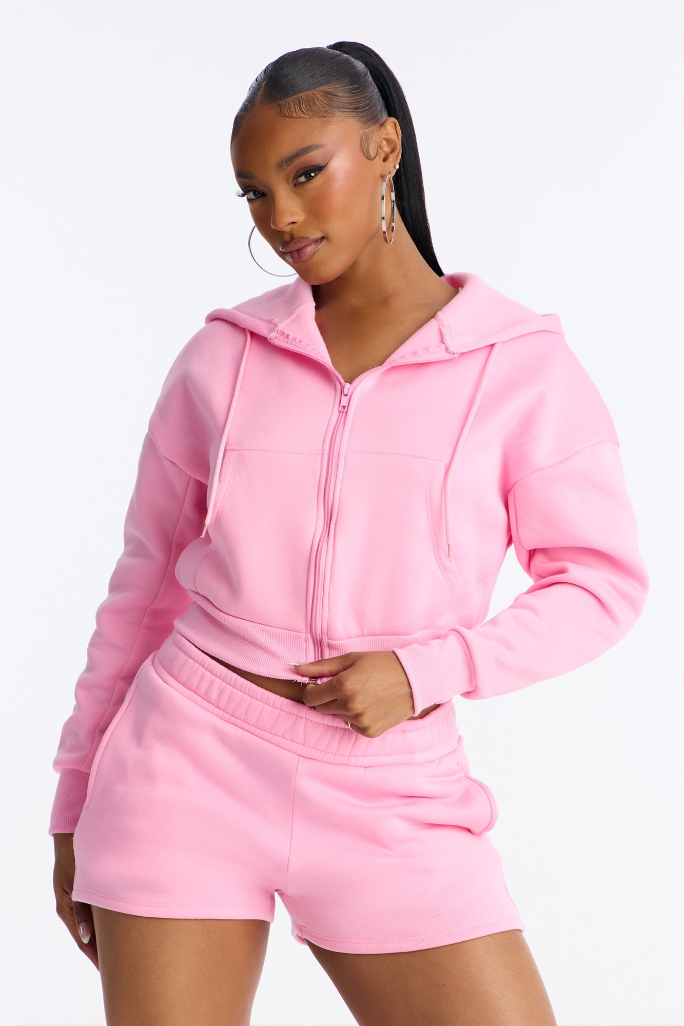 Nadine Fleece Zip Up Hoodie Short Set - Pink