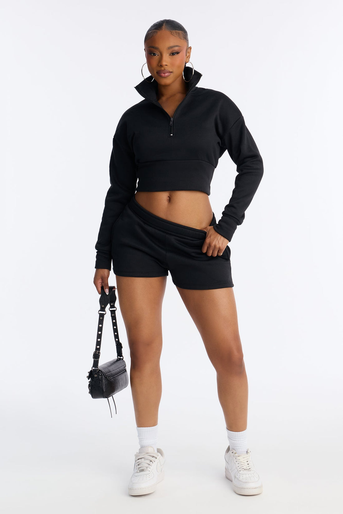 Alina Fleece Quarter Zip Short Set - Black
