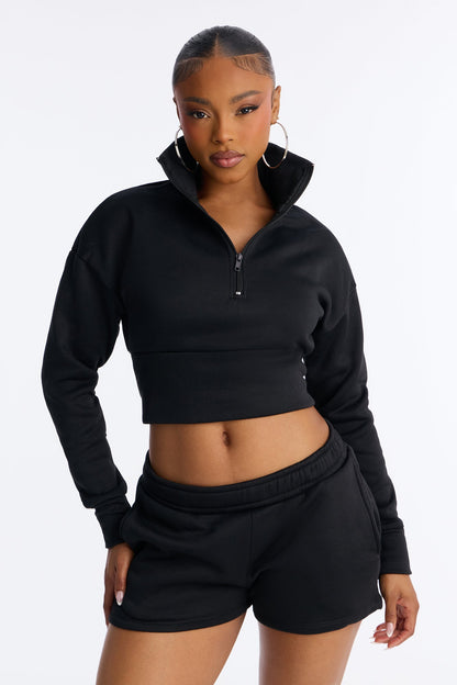 Alina Fleece Quarter Zip Short Set - Black