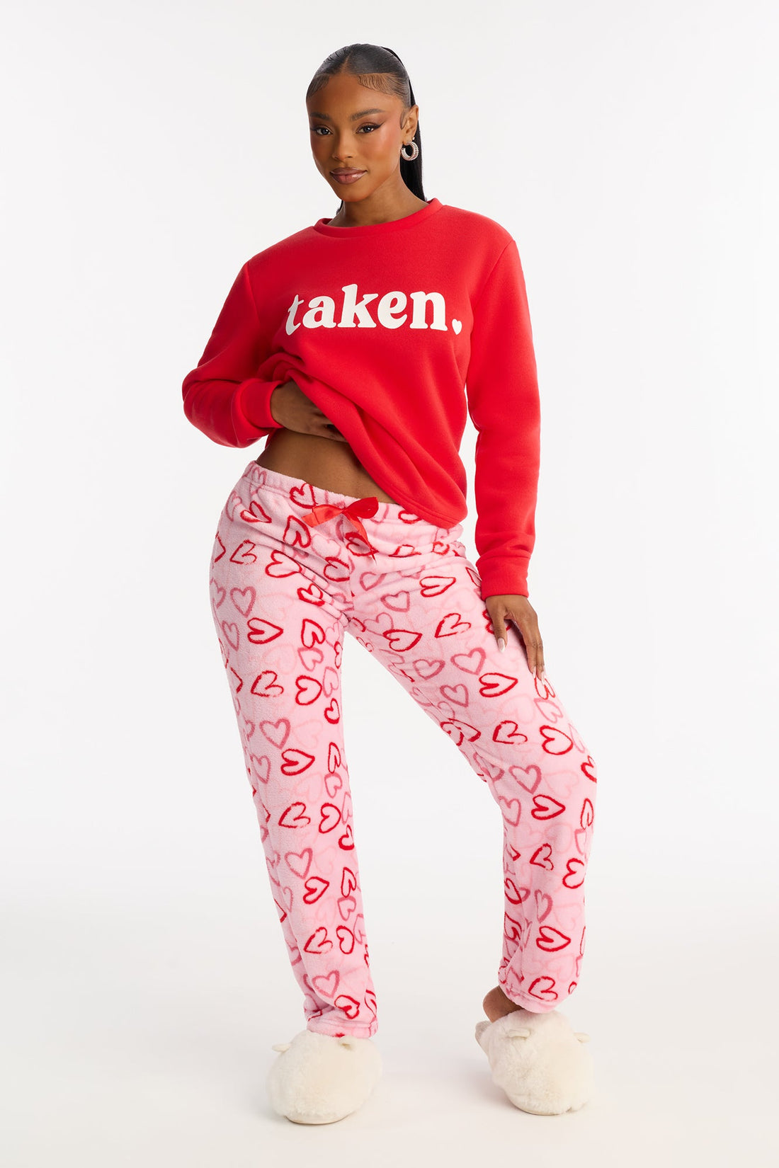 Heart Is Taken Long Sleeve Plush PJ Pant Set - Red/combo
