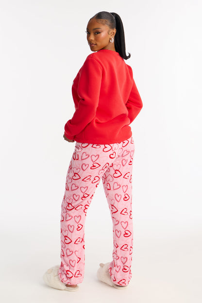 Heart Is Taken Long Sleeve Plush PJ Pant Set - Red/combo