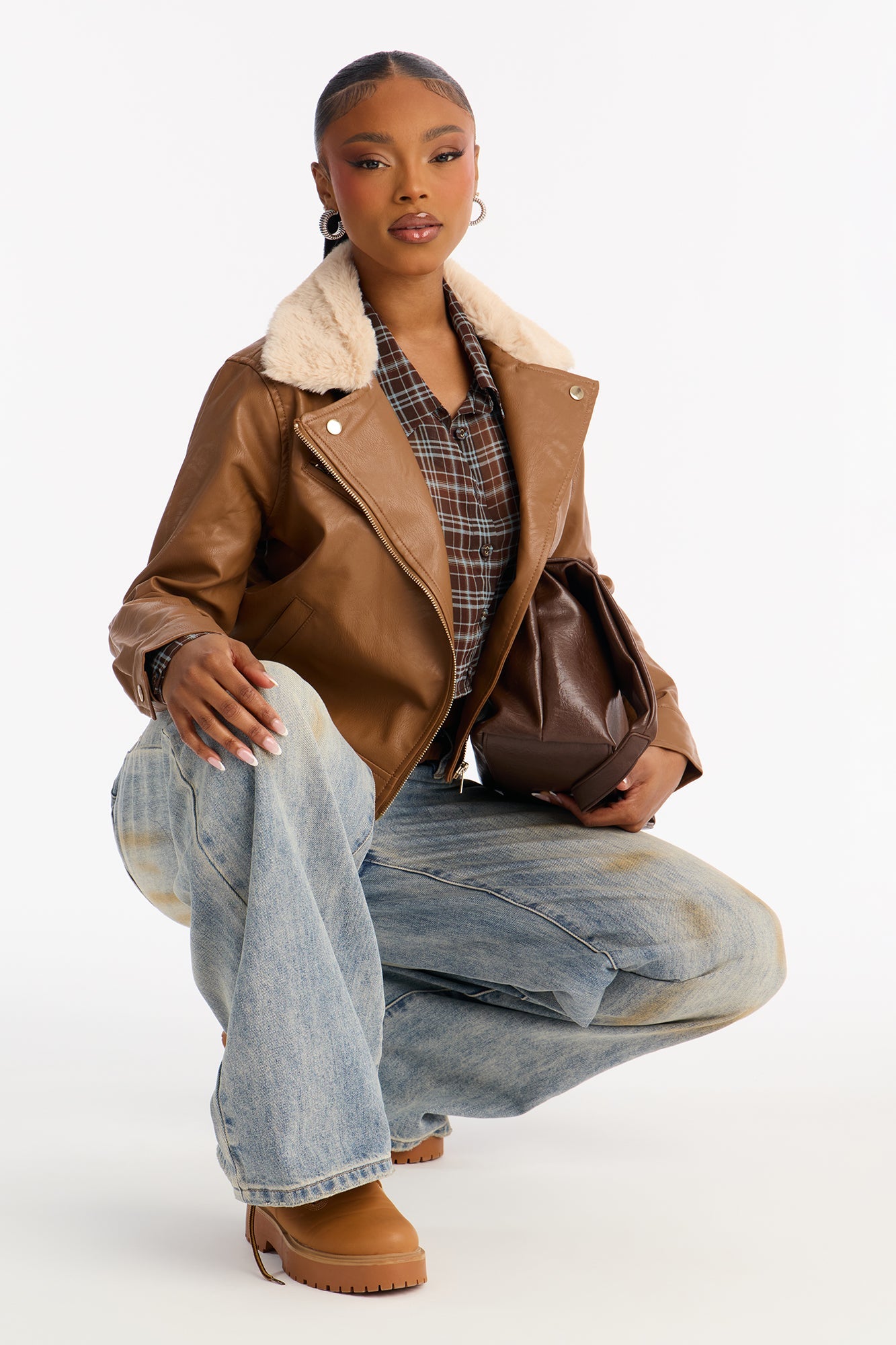 Karissa Faux Leather Fur Collar Moto Jacket - Camel