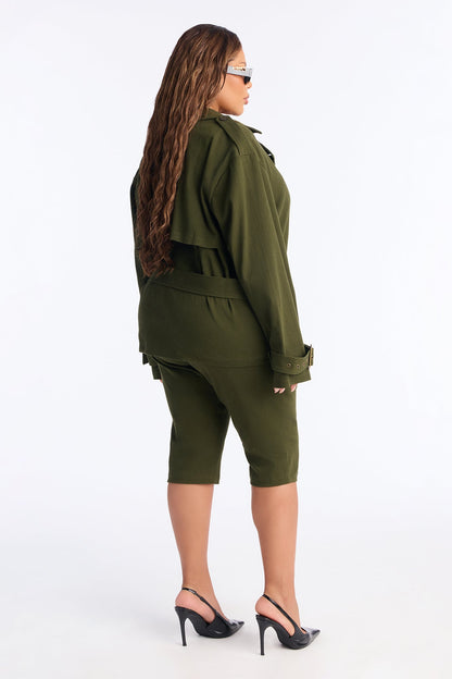 Clementine Twill Trench Jacket Capri Set - Olive