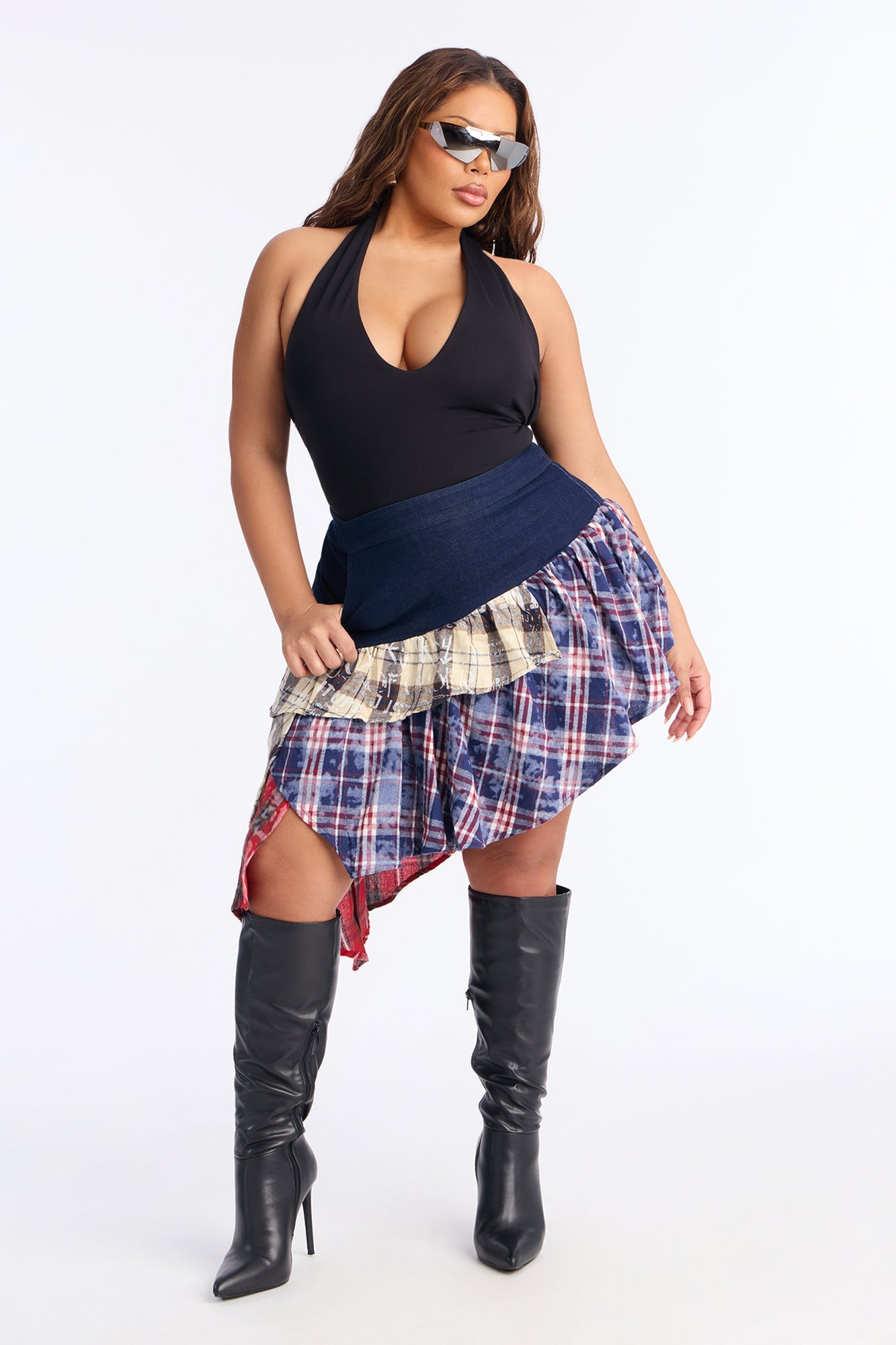 Caught Up Denim Tiered Plaid Midi Skirt - Multi Color