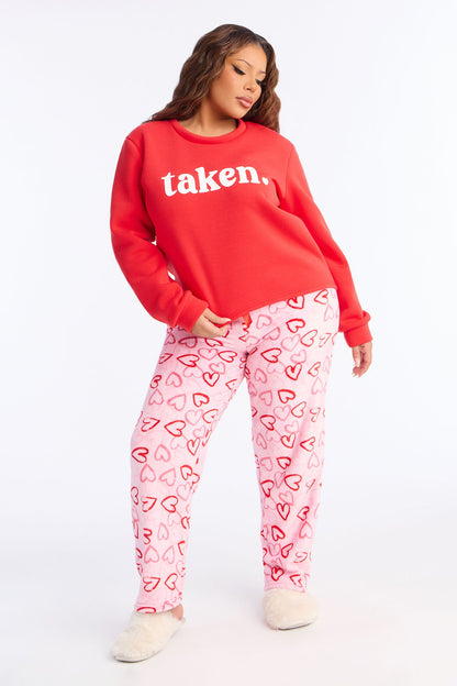Heart Is Taken Long Sleeve Plush PJ Pant Set - Red/combo