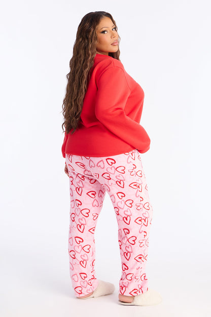 Heart Is Taken Long Sleeve Plush PJ Pant Set - Red/combo