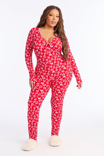 Love Everywhere Long Sleeve PJ Jumpsuit Onesie - Red/White