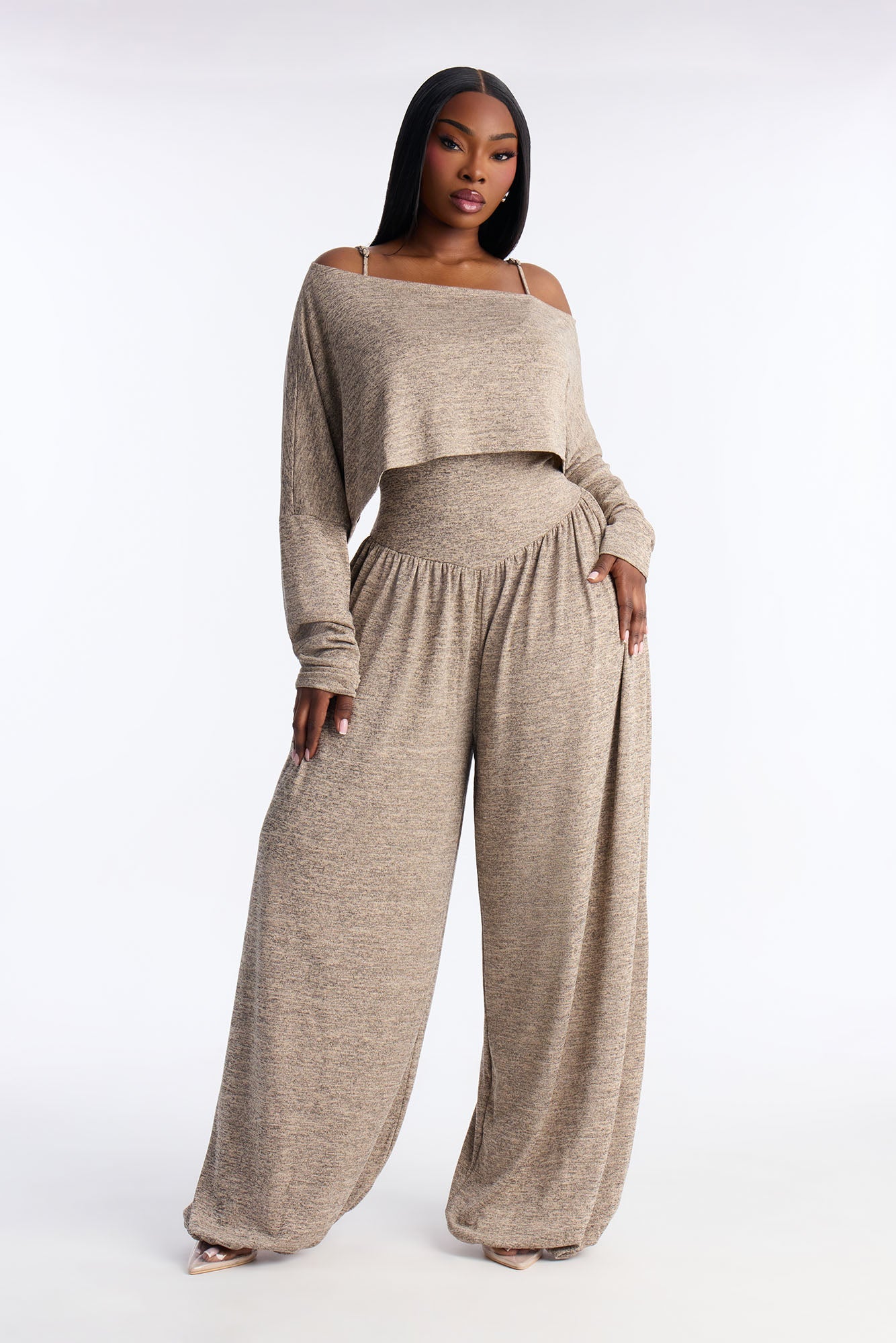 Alania 2 Piece Draped Sweater Balloon Leg Jumpsuit - Brown/combo