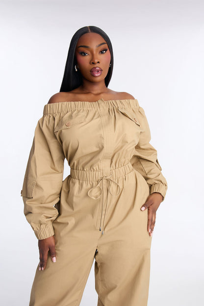 Tasha Off Shoulder Balloon Leg Jumpsuit - Khaki