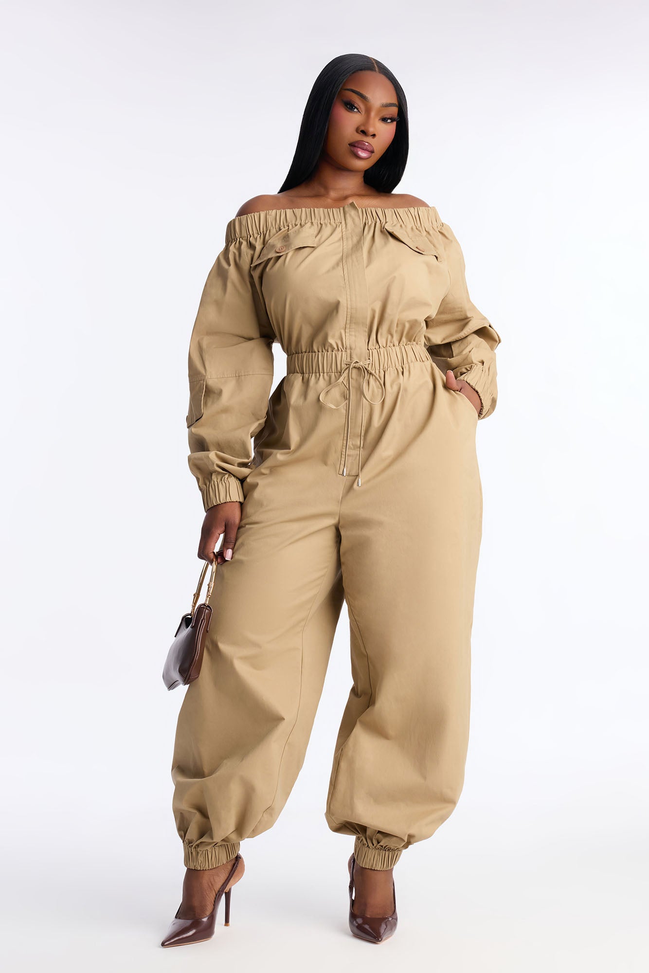Tasha Off Shoulder Balloon Leg Jumpsuit - Khaki