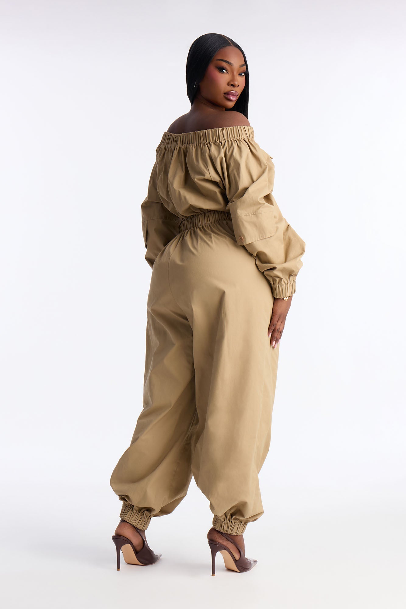 Tasha Off Shoulder Balloon Leg Jumpsuit - Khaki