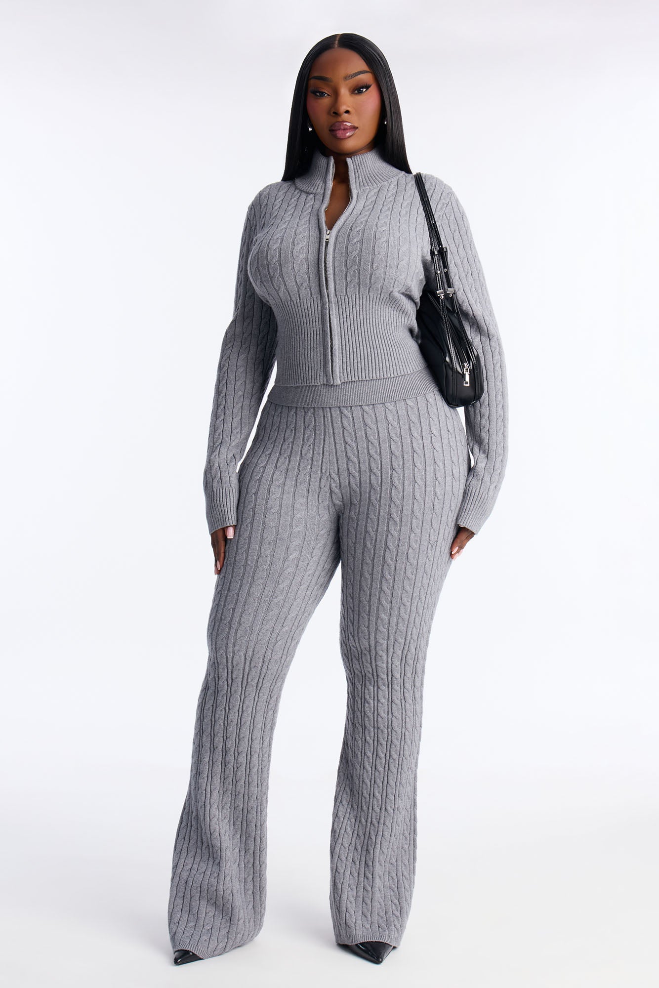 Caroline Mock Neck Cable Sweater Pant Set - Heather Grey
