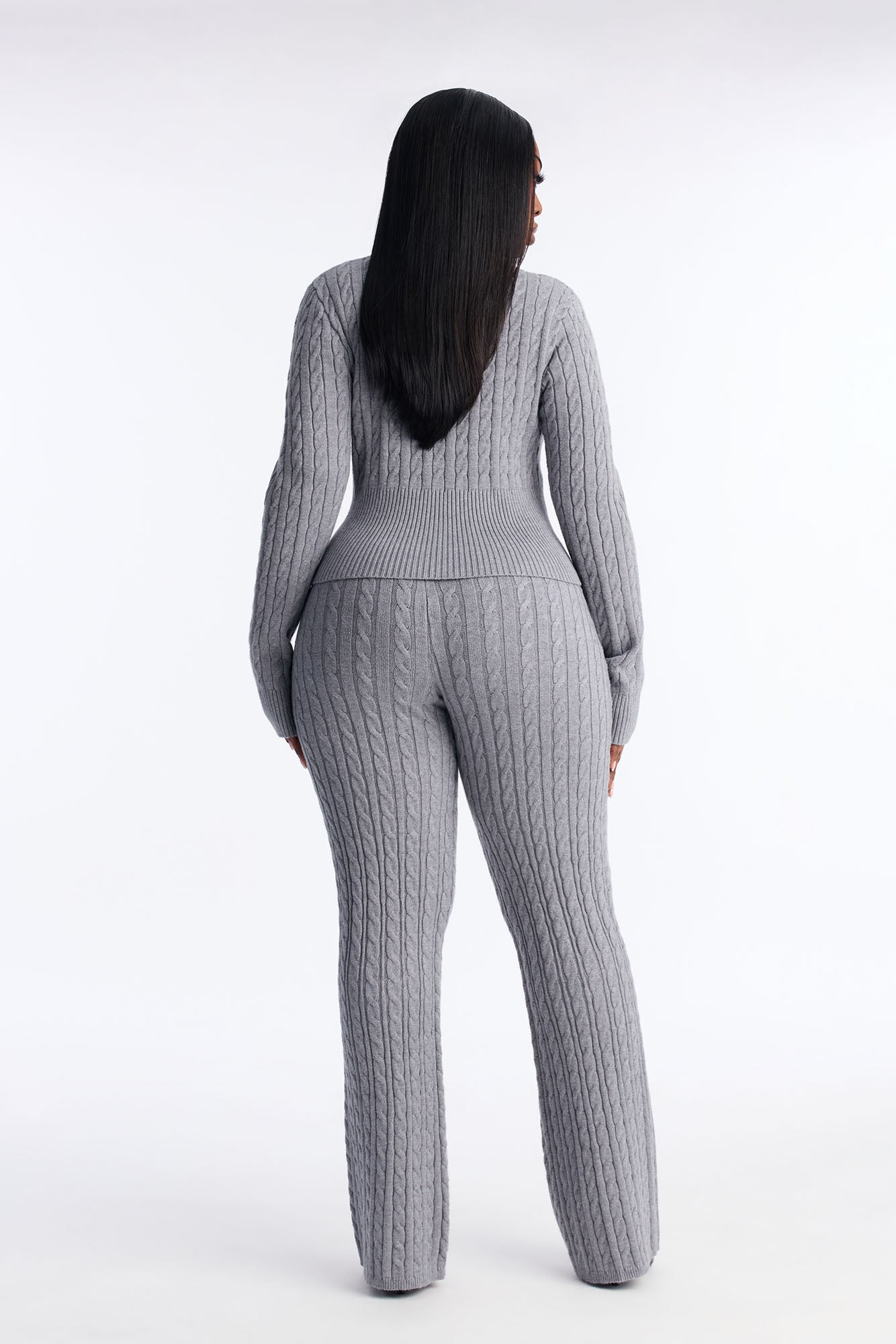 Caroline Mock Neck Cable Sweater Pant Set - Heather Grey