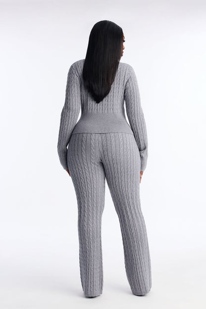 Caroline Mock Neck Cable Sweater Pant Set - Heather Grey
