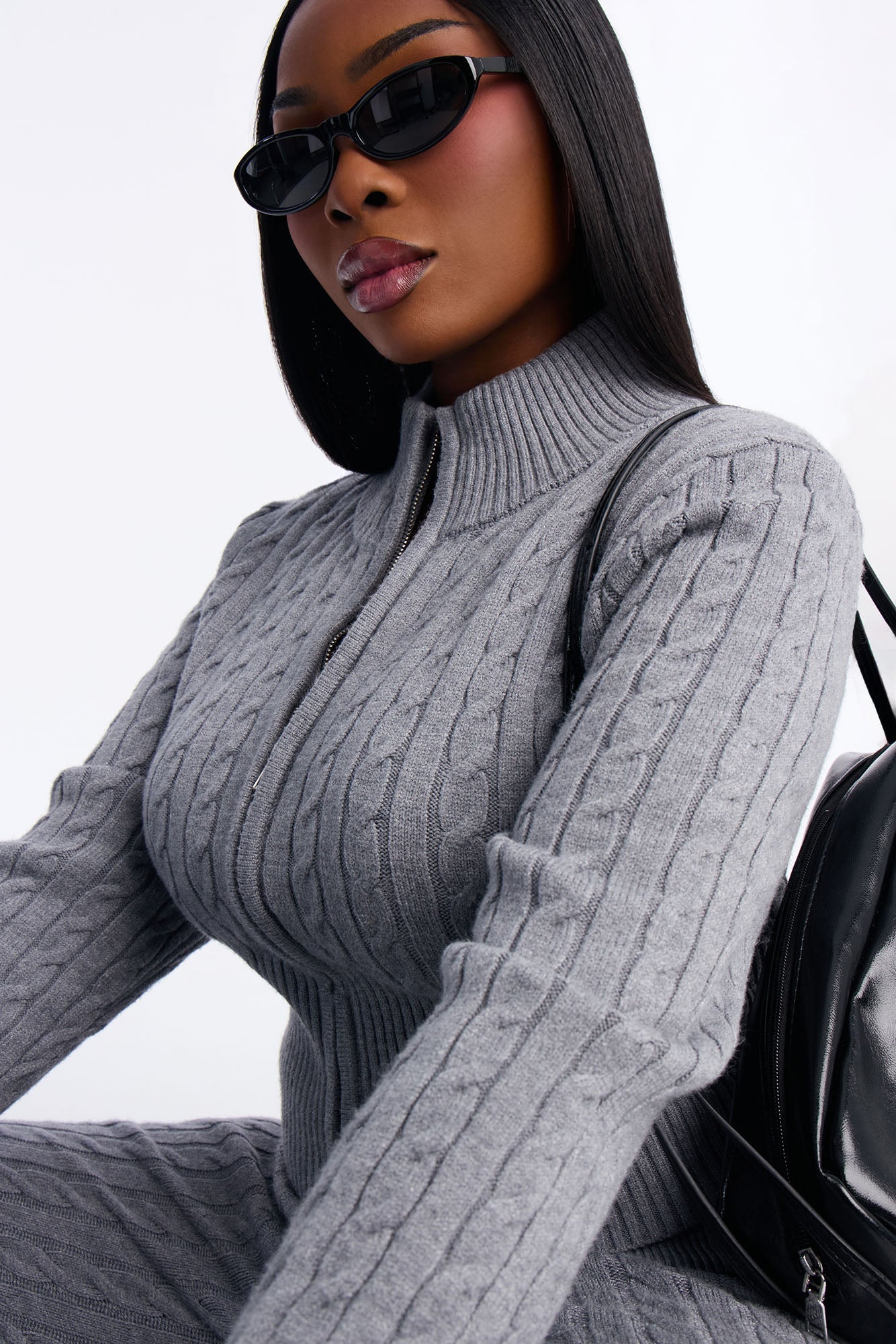 Caroline Mock Neck Cable Sweater Pant Set - Heather Grey