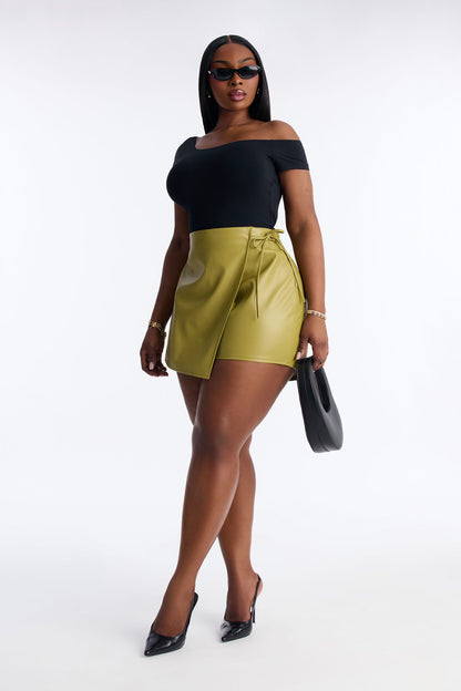 Autumn Vibes Faux Leather Wrap Skort - Olive
