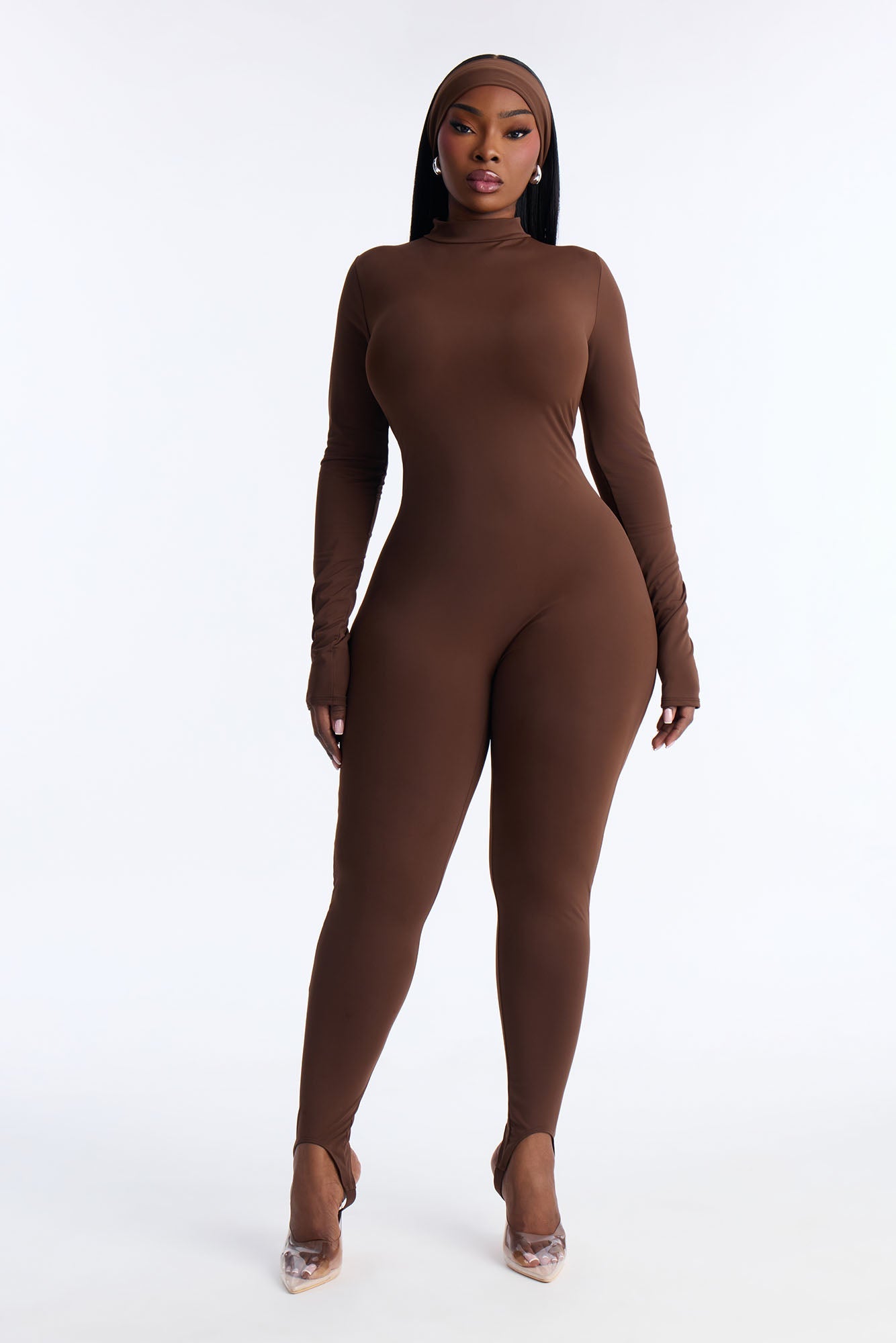 Amaya Mock Neck Stirrup 2 Piece Catsuit - Chocolate