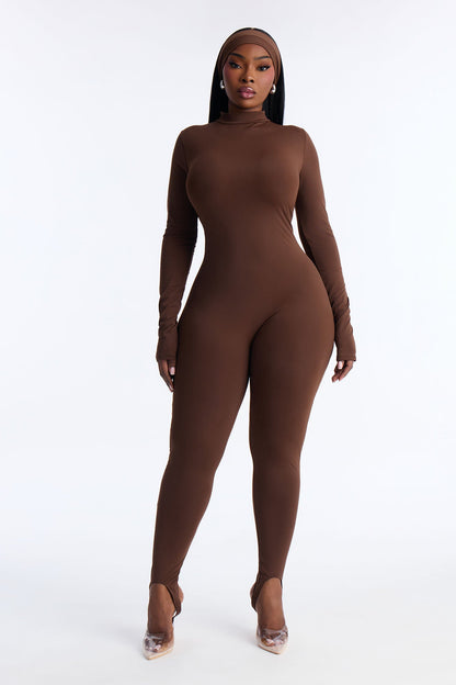 Amaya Mock Neck Stirrup 2 Piece Catsuit - Chocolate