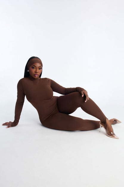 Amaya Mock Neck Stirrup 2 Piece Catsuit - Chocolate