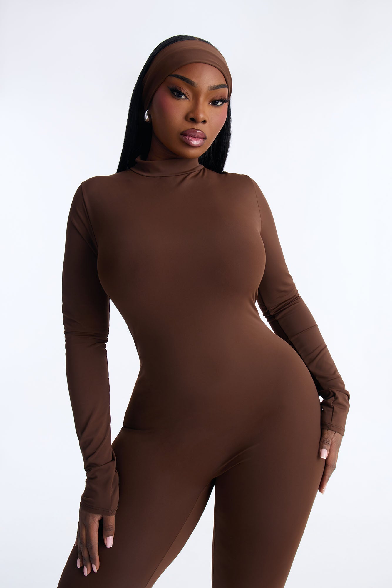 Amaya Mock Neck Stirrup 2 Piece Catsuit - Chocolate