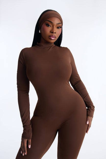 Amaya Mock Neck Stirrup 2 Piece Catsuit - Chocolate