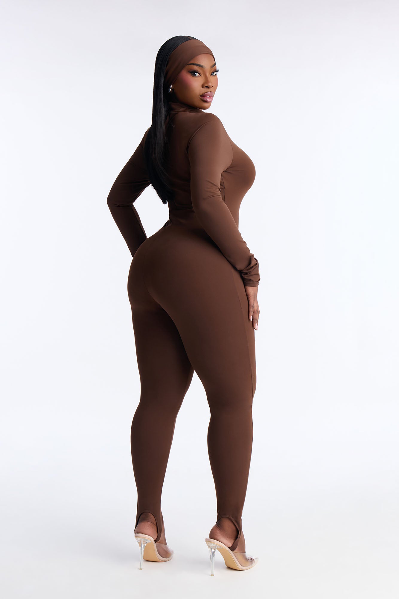 Amaya Mock Neck Stirrup 2 Piece Catsuit - Chocolate