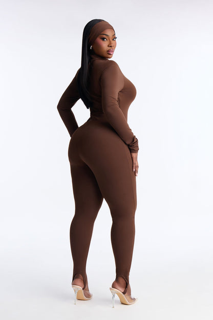 Amaya Mock Neck Stirrup 2 Piece Catsuit - Chocolate