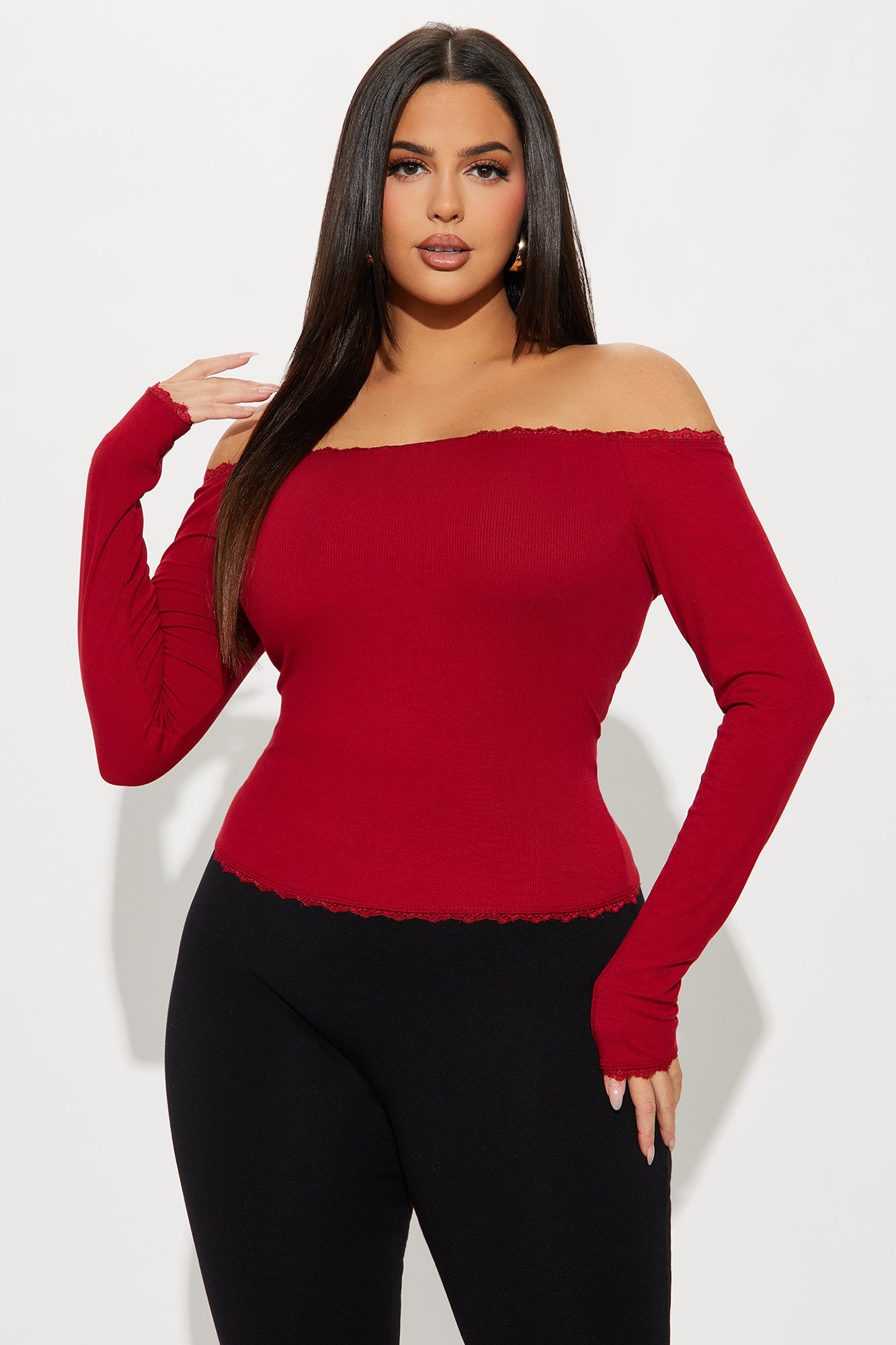 Lia Off Shoulder Lace Trim Top - Red