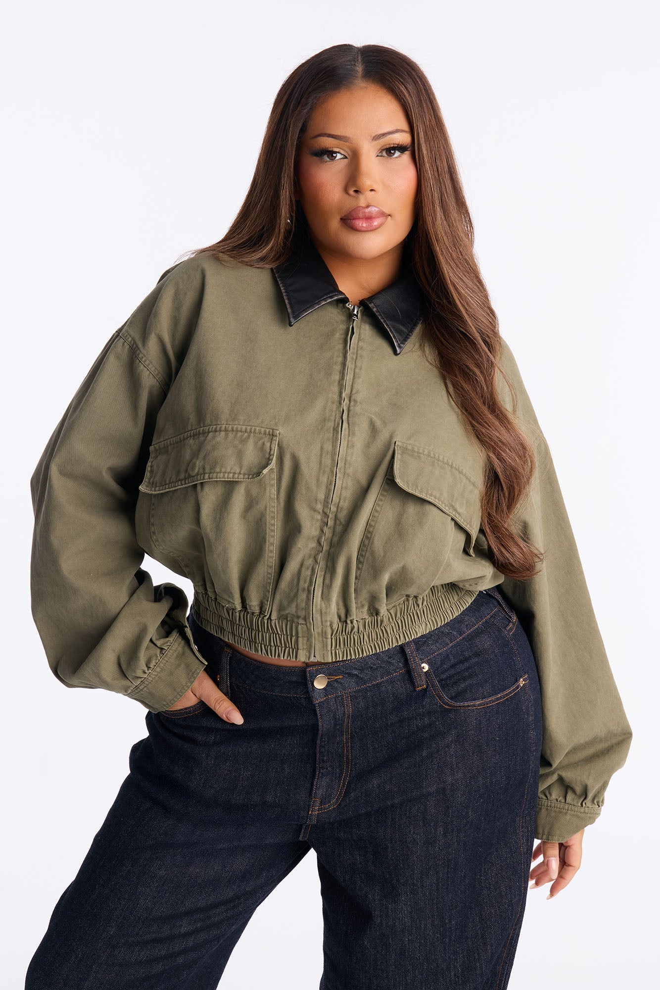 Rory Cropped Cargo Bomber Jacket - Olive