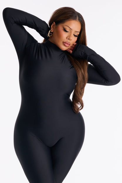 Francesca Mock Neck Footed Catsuit - Black