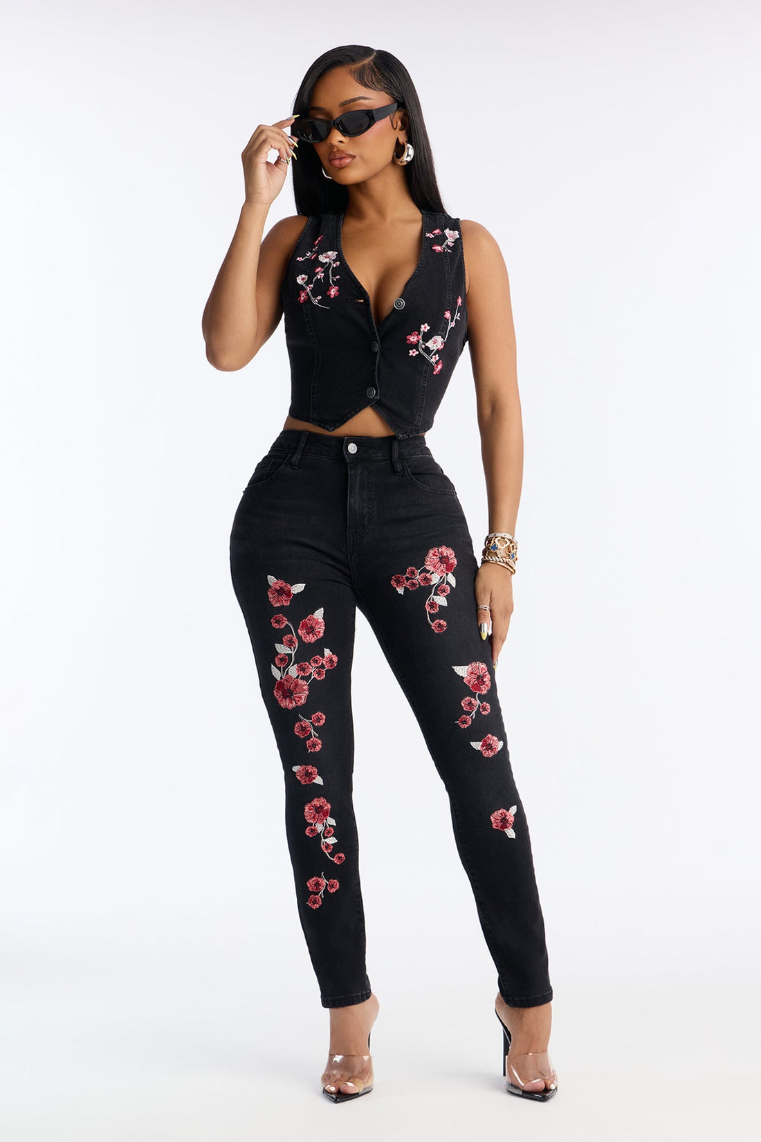 Eternal Rose Embroidered Stretch Skinny Jeans - Black