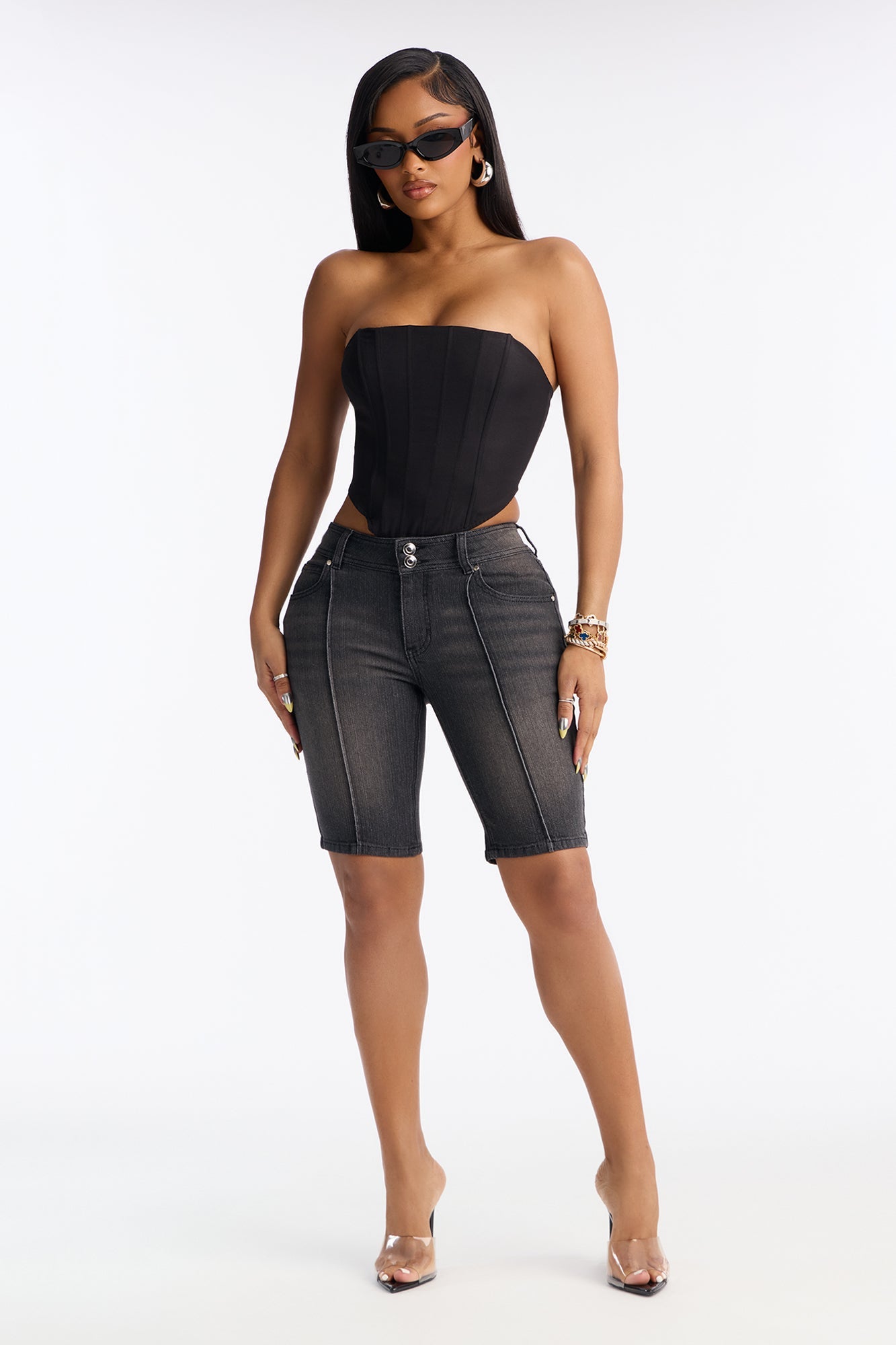 Lisbon Low Rise Pintuck Denim Bermuda Shorts - Grey