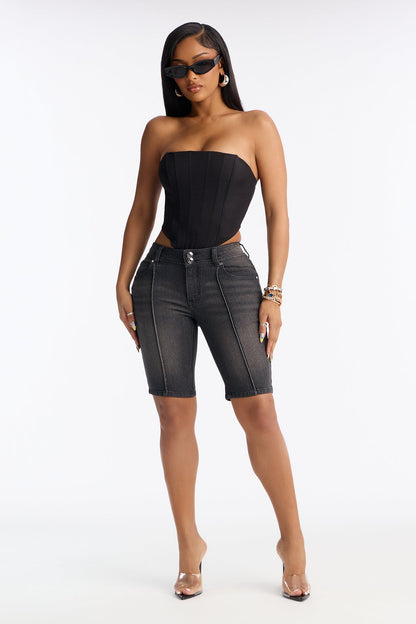 Lisbon Low Rise Pintuck Denim Bermuda Shorts - Grey