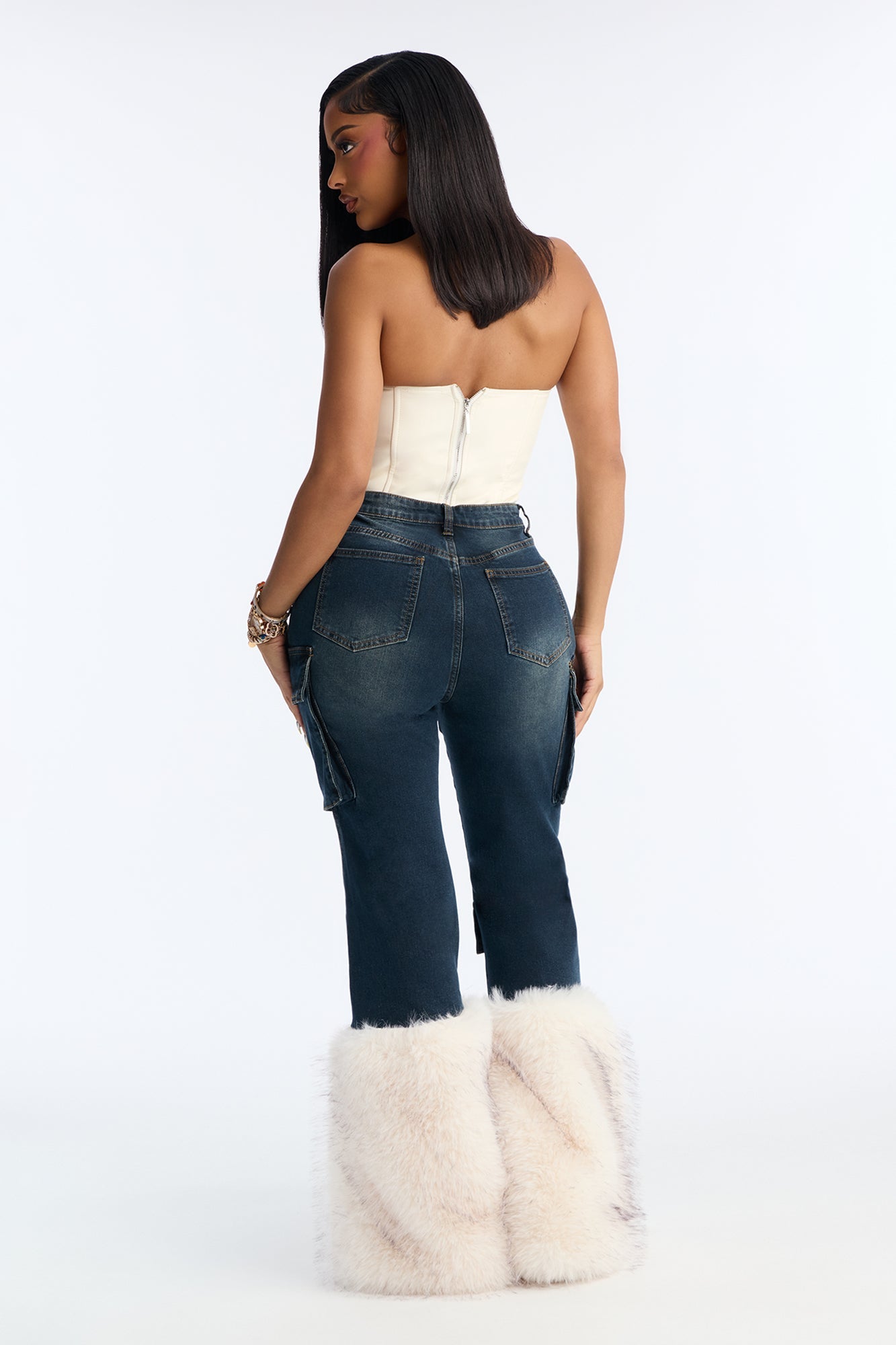 Keep It Tight Tinted Faux Fur Cargo Flare Jeans - Dark Wash