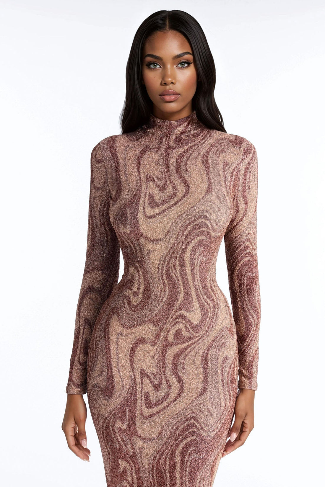 Mandy Long Sleeve Metallic Midi Dress - Bronze