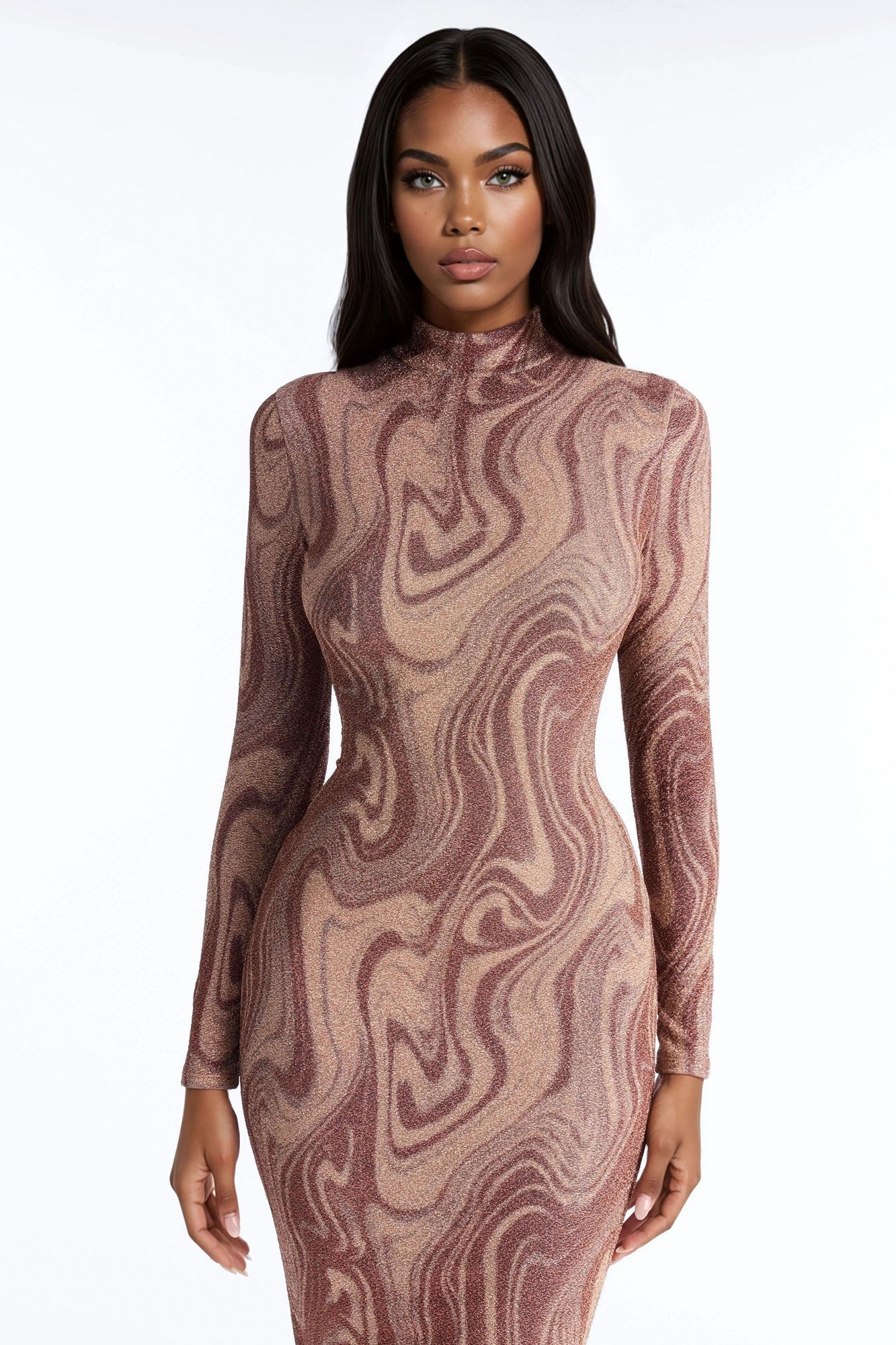 Mandy Long Sleeve Metallic Midi Dress - Bronze
