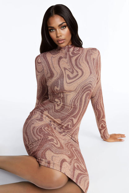 Mandy Long Sleeve Metallic Midi Dress - Bronze