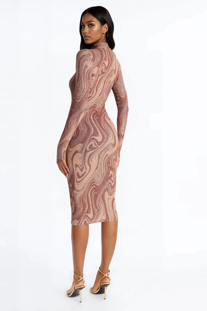 Mandy Long Sleeve Metallic Midi Dress - Bronze