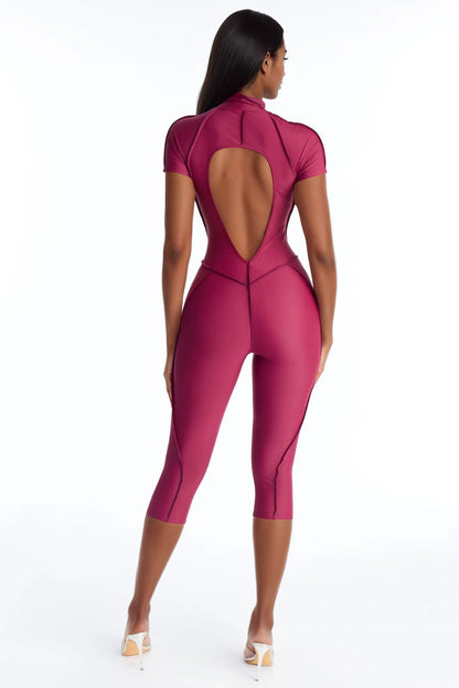 Lexia Backless Capri Leg Jumpsuit - Burgundy