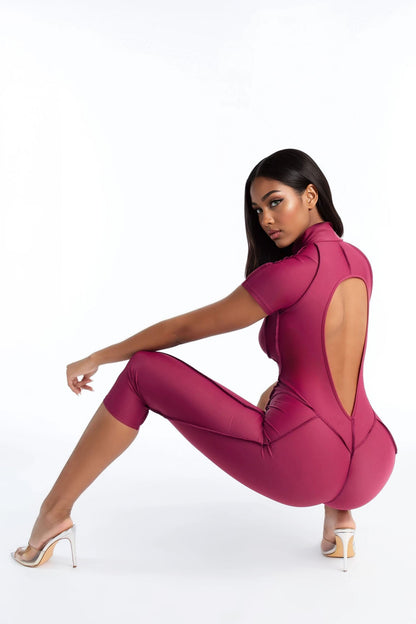 Lexia Backless Capri Leg Jumpsuit - Burgundy