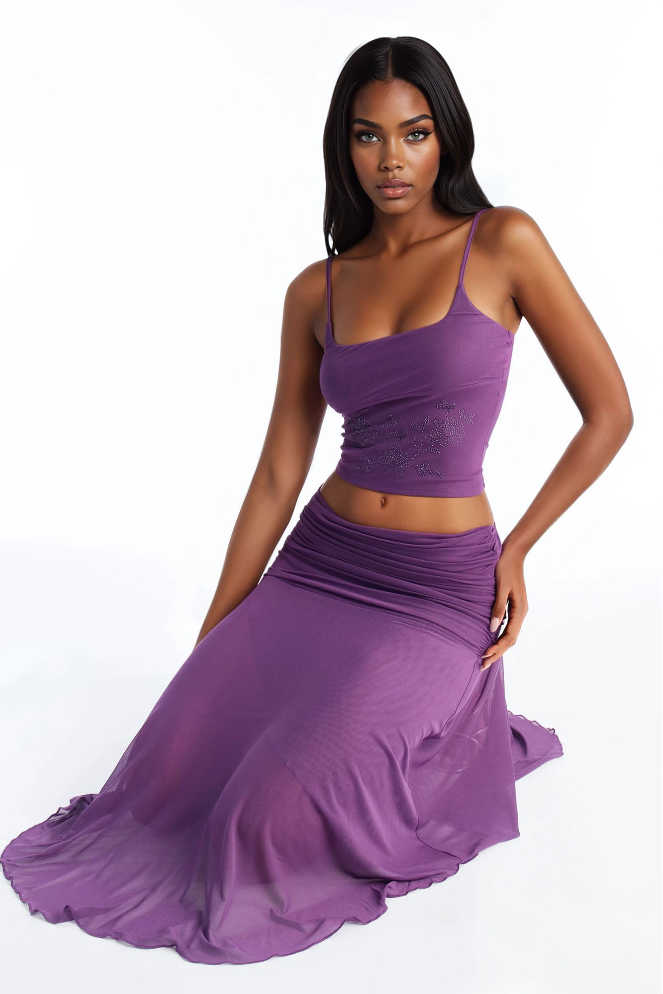 Alondra Mesh Maxi Skirt Set - Purple